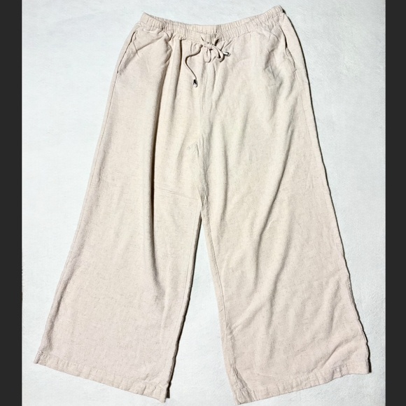 Linen Summer Palazzo Pants Flowy Wide Leg Beach Pants with Pockets Size Large - Picture 1 of 8